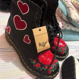 Dr. Martens Kids Black Boots with Red Hearts and Roses